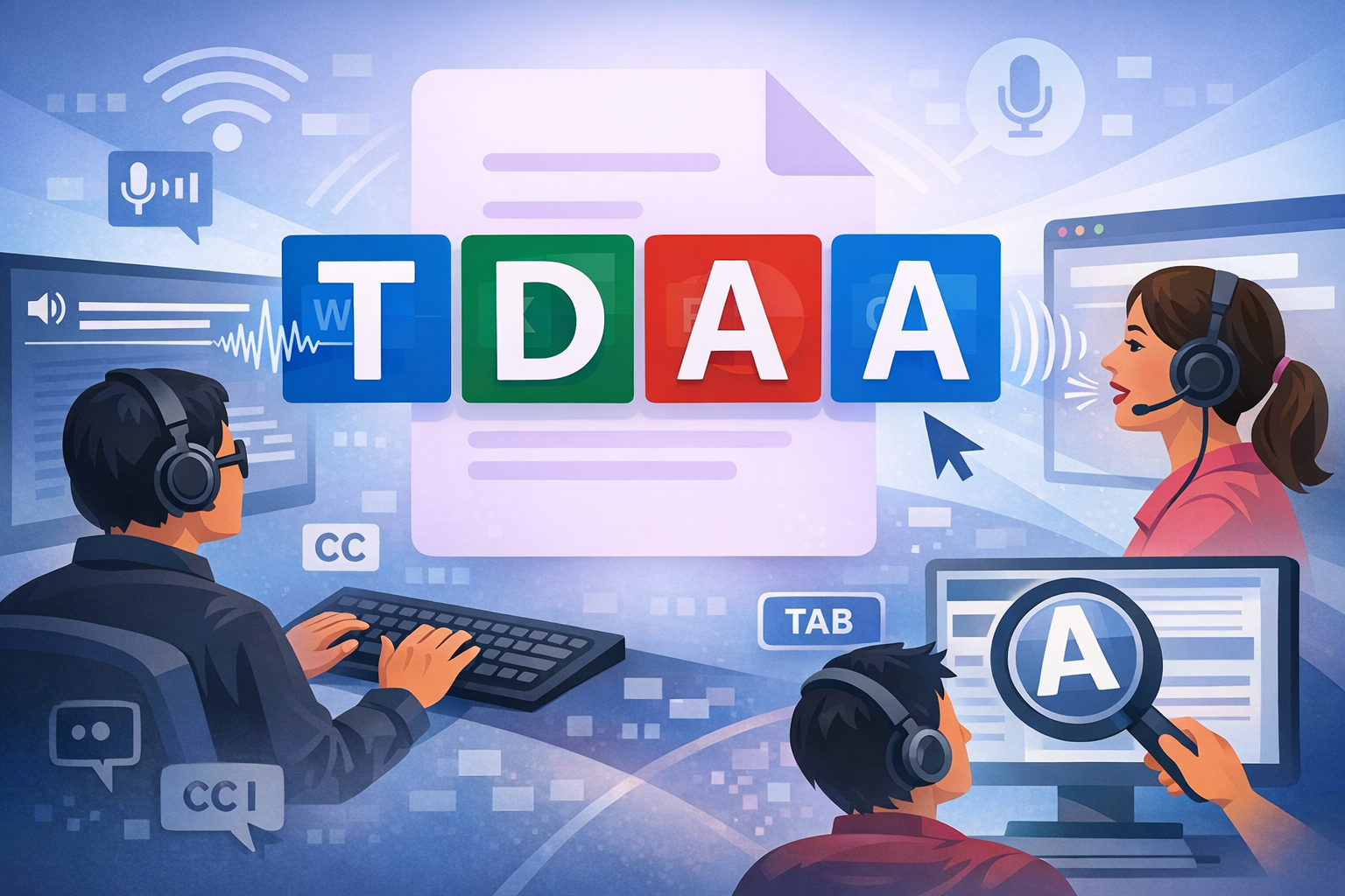 Digital accessibility illustration showing the TDAA logo with people using assistive technology.
